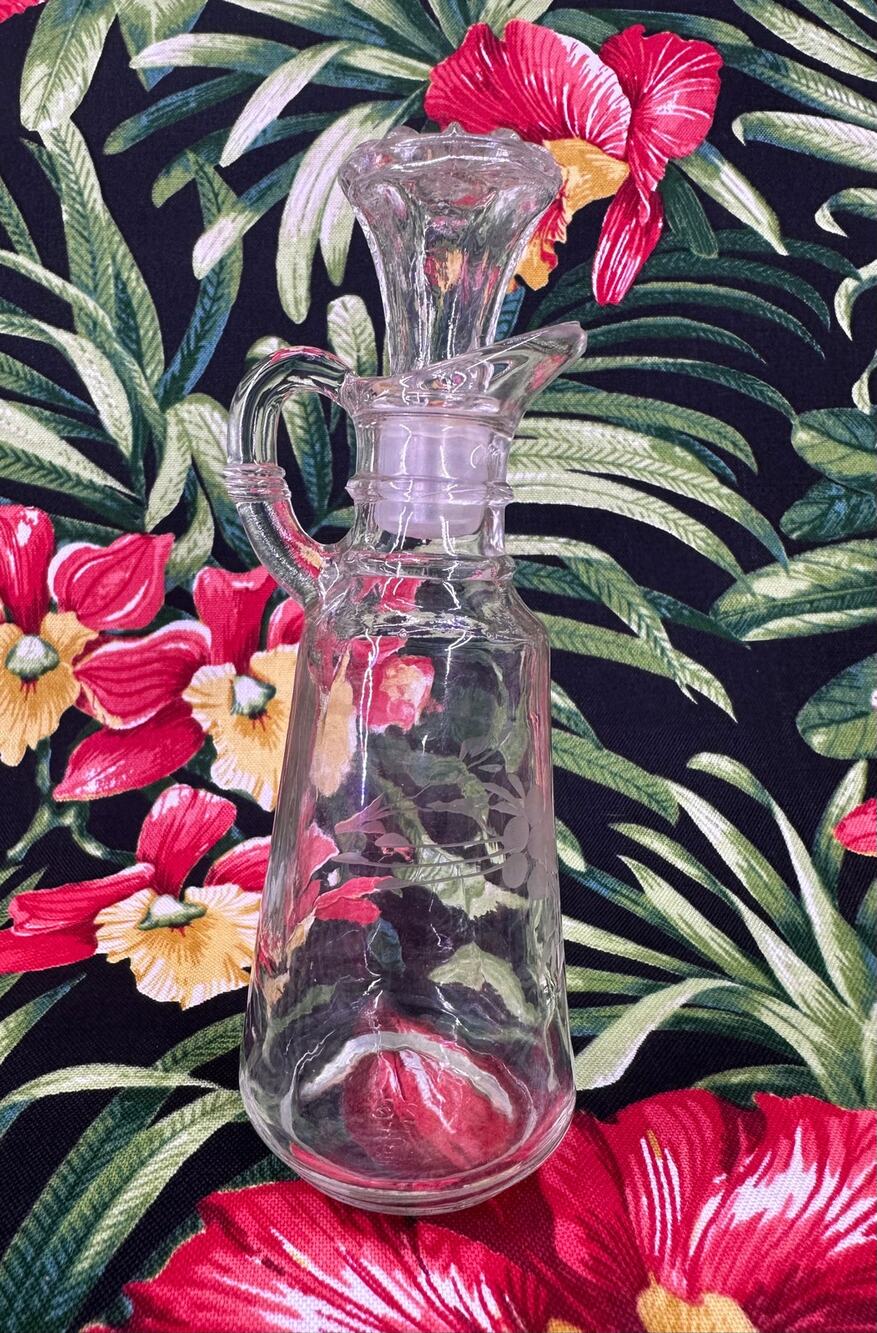 Vintage Clear Glass Cruet Bottle Decanter Stopper Handle 7”